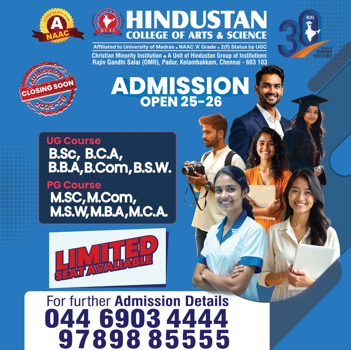 HCAS_chennai's tweet image. 🚨 Admissions Closing Soon at HCAS!
🎓 UG &amp;amp; PG Courses | NAAC 'A' Grade
📍 OMR, Chennai
⚠️ Limited Seats – Apply Now!
🔗 hcaschennai.edu.in/admission
📞 97898 85555 | 78240 80629
#HCAS #Admissions2025 #ChennaiColleges #FinalCall