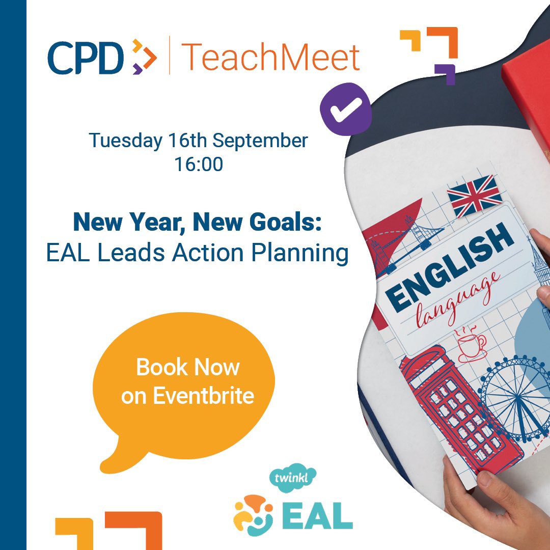 🚀 New Year, New Goals: EAL Leads Action Planning
Kick off September with purpose!
🎯 Set goals
🤝 Connect with EAL leads
🛠️ Leave with a clear plan
🎟️ FREE tickets: twinkl.co.uk/l/15qfvc

#EAL #EduTwitter #BackToSchool #TeacherCPD