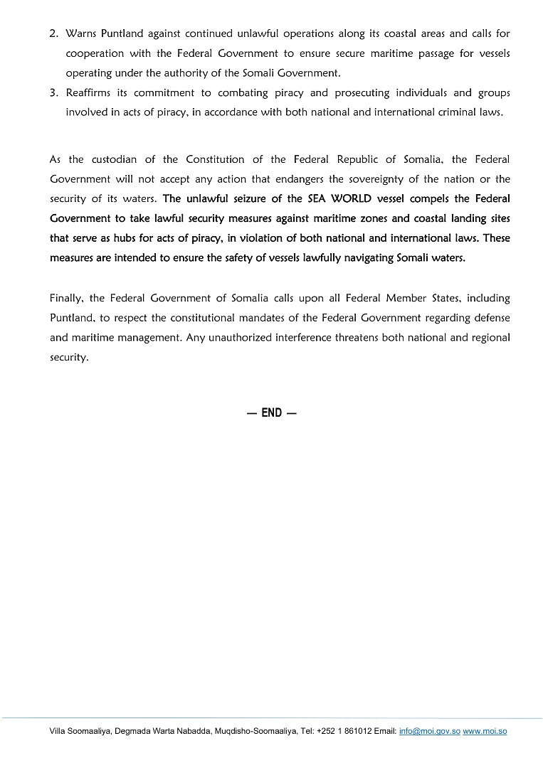 #BREAKING: The  #Somalia government condemned the hijacking and violation committed against the SEA WORLD vessel, which sails under the flag of the Comoros Island
