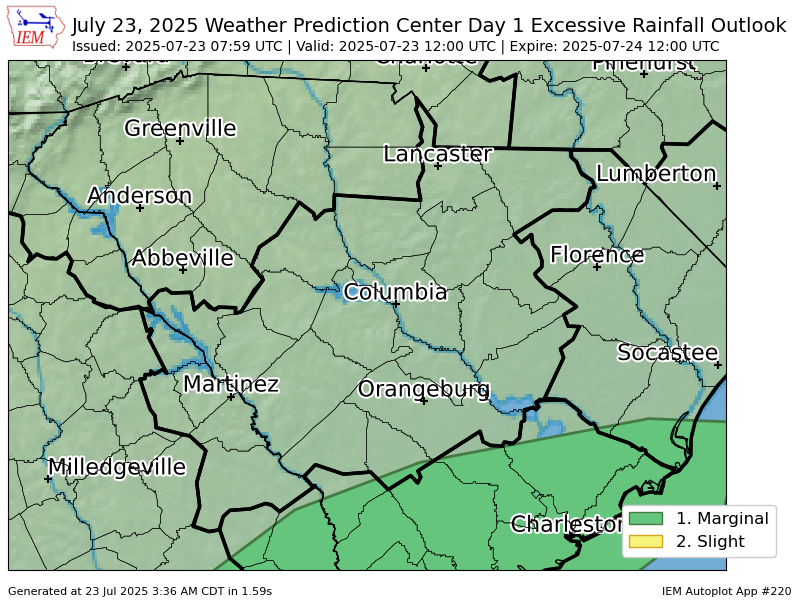 iembot_cae's tweet image. WPC issues Day 1 Marginal Risk Excessive Rainfall Outlook at Jul 23, 7:59z for CAE wpc.ncep.noaa.gov/qpf/excessive_…