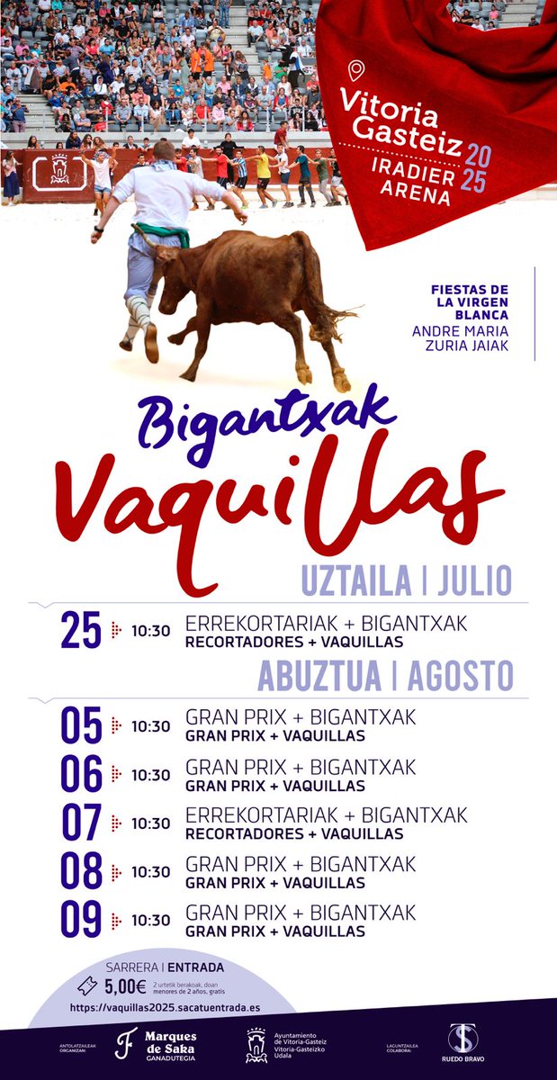 🤘🏻 Ya tenemos el cartel de este año. Os esperamos las seis mañanas de vaquillas clásicas.

📅 25 de Julio
📆 5-6-7-8-9 de Agosto

🕦 10:30