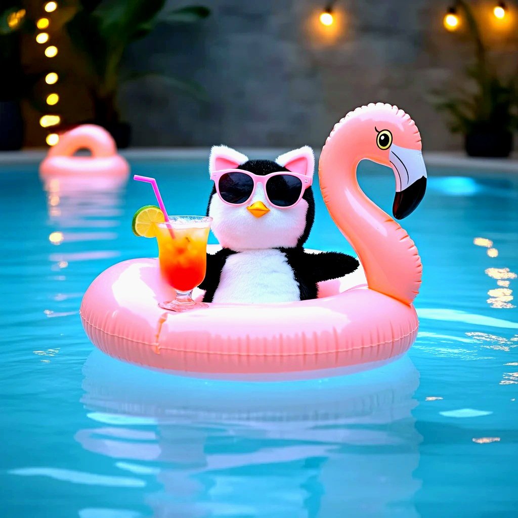 mimolette_11's tweet image. ナイトプールを楽しむ猫ペンギン
