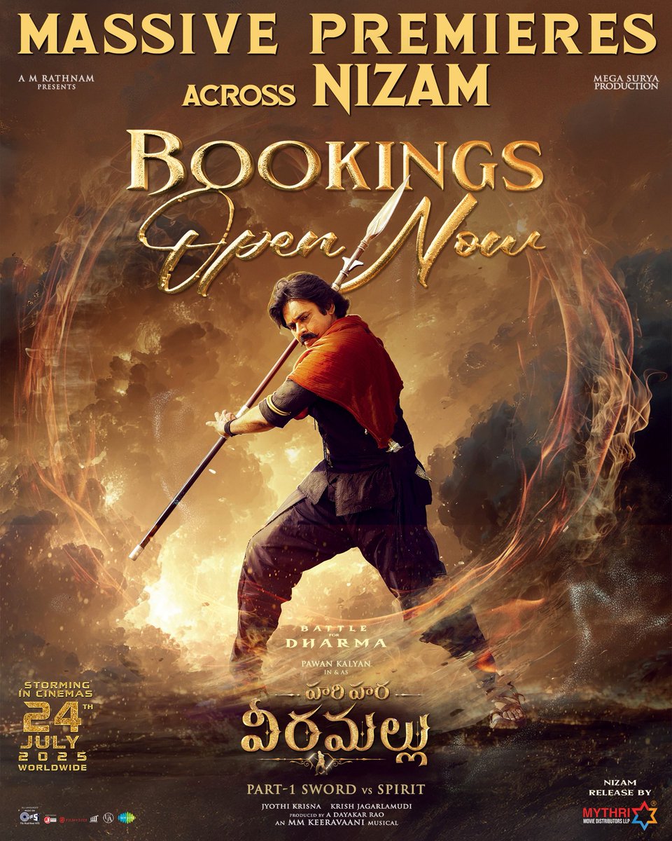 MythriRelease's tweet image. Nizam premiere bookings open now for #HariHaraVeeraMallu! 🎟️🔥
Book your tickets on the @district_india 💥
🎟️ link.district.in/DSTRKT/hhvm1
Grand Release on July 24th. Nizam Release by @MythriRelease 💥
Powerstar @PawanKalyan @AMRathnamOfl @thedeol #SatyaRaj @AgerwalNidhhi…