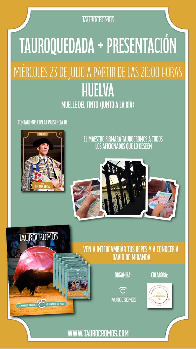 ¡Hoy nos vemos en el Muelle del Tinto con #TauroCromos!

David de Miranda firmará sus postales de #TauroCromos a todos los que lo deseen y posteriormente mantendrá una distendida tertulia.

📍 Muelle del Tinto (Junto a la Ría)
🕓 20:00h

¡Os esperamos!

#DeMiranda25