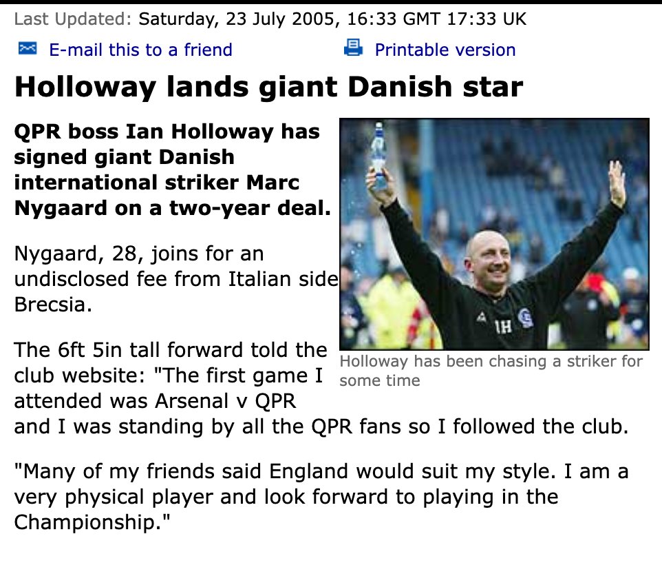 QPRReport's tweet image. #QPR Flashback 20 Years ago today...#OnThisDay in 2005: @QPR sign Marc Nygaard - @BBC Report
