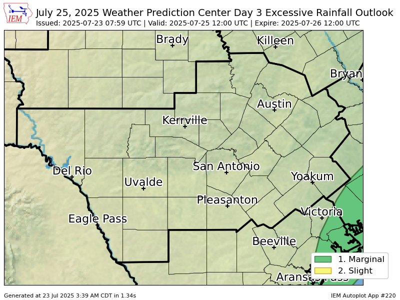 ChikageWeather's tweet image. WPC issues Day 3 Marginal Risk Excessive Rainfall Outlook at Jul 23, 7:59z for EWX wpc.ncep.noaa.gov/qpf/excessive_…