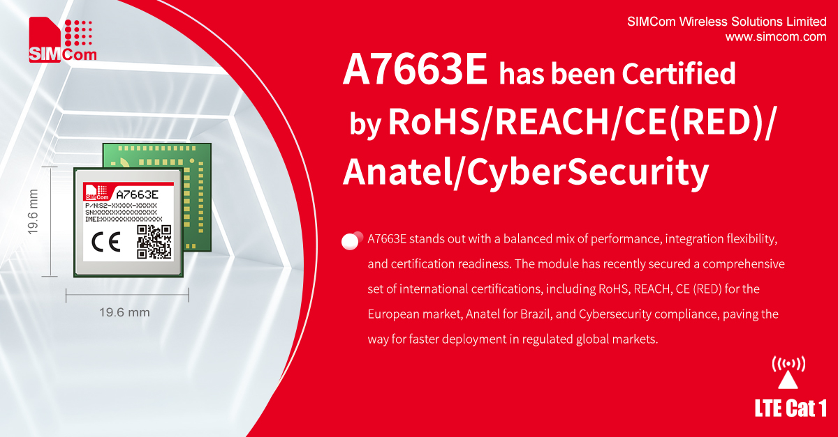 SIMComWireless's tweet photo. SIMCom’s A7663E LTE Cat 1 module is now globally certified (RoHS, REACH, CE, Anatel, Cybersecurity).
✅ Compact LGA form
✅ 10 Mbps DL
✅ Built-in GNSS (GPS/GLONASS/BeiDou)
Ideal for tracking, telematics, routers &amp; remote diagnostics. #simcom #cat1 
https://t.co/pKHjku0fk0 https://t.co/LkiglXUnfw