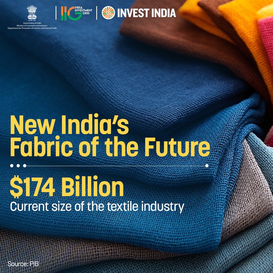 IIG_GoI's tweet image. #GrowWithIndia
Driving 13% of industrial output and 12% of exports, the textile & apparel industry is at the centre of #NewIndia’s economy, blending craftsmanship with global ambition.
Explore more on #IIG at bit.ly/IIGTextile
#InvestInIndia #Textiles