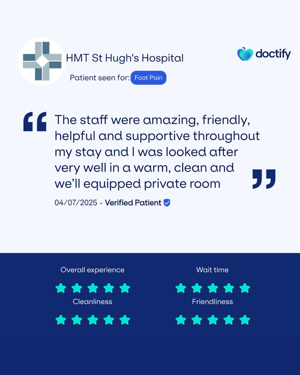 HMTStHughs's tweet image. We're delighted to receive patient feedback like this that highlights our incredible staff members, and the dedicated service they provide.
For all our patients, we aim to ensure stays at HMT St Hugh’s are as comfortable and reassuring as possible.
#Doctify #StHughsHospital