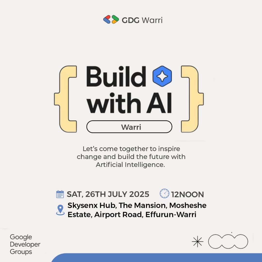 Hi,

Join us on this Saturday July 26, 2025 at Skysense Hub, Airport road for the Build With AI meetup.

This is a technical workshop and you are encouraged to come with your laptops.

#BuildWithAI

RSVP using this gdg.community.dev/events/details…