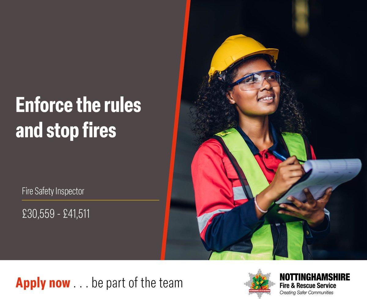 nottsfire's tweet image. Are you passionate about ensuring the safety of the buildings within your community? This role might be for you! We are looking for a Fire Safety Inspector to join our dedicated Protection team.

notts-fire.gov.uk/careers/suppor…