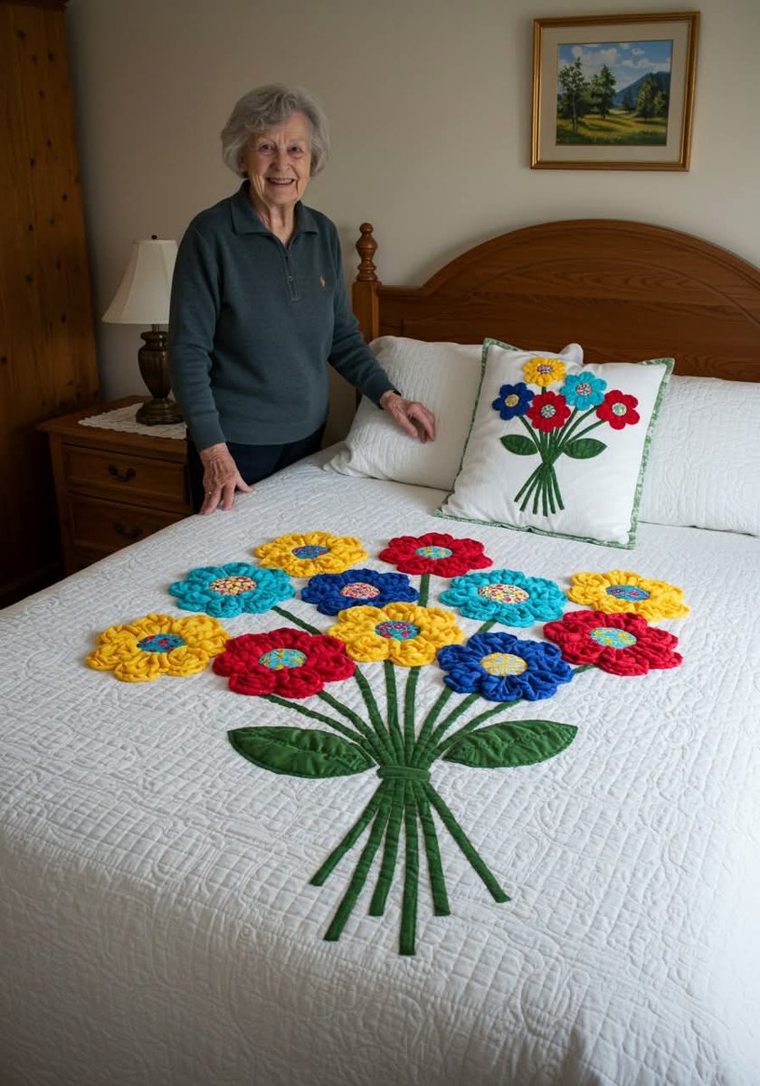 AnitaArtx's tweet image. My mother-in-law asked me to show her new quilt, she still makes beautiful pieces to give as gifts to those closest to her.