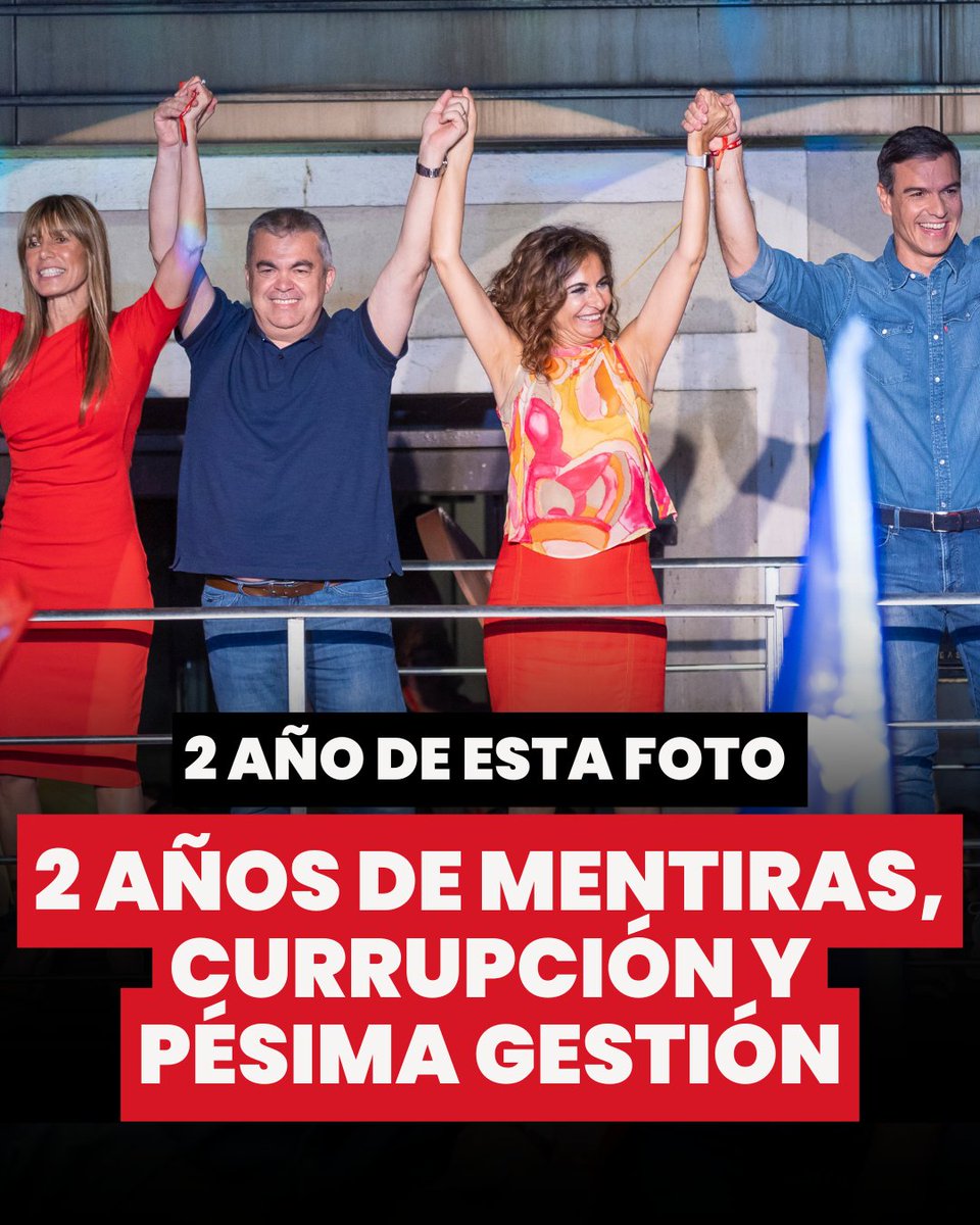 ppandaluz's tweet image. Hoy se cumplen 2️⃣ años del Gobierno de Pedro Sánchez, 2️⃣ años de mentiras, corrupción y pésima gestión.

De la foto de la celebración ahora su esposa está imputada y su numero dos en prisión.