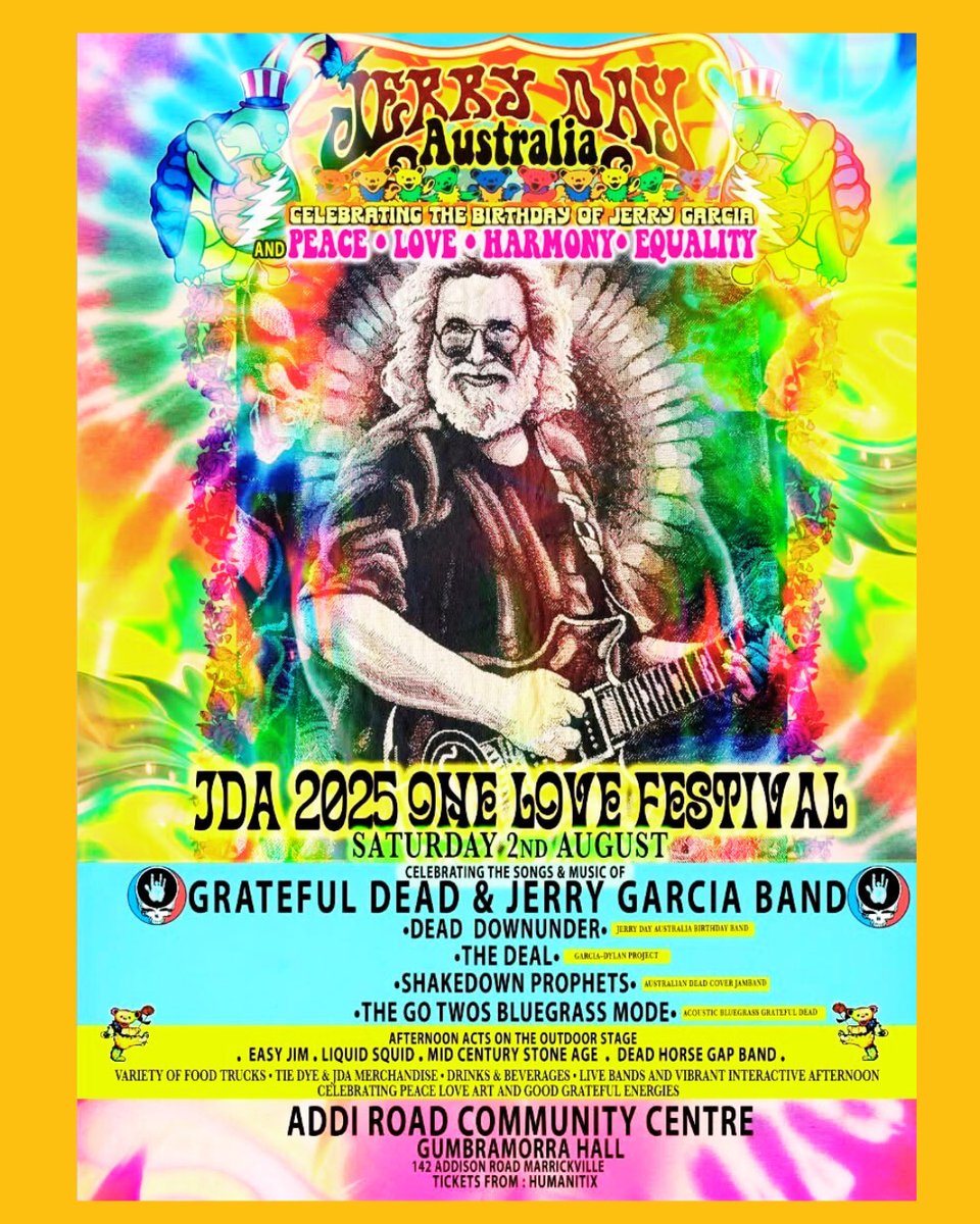 Jerry Day Australia 2025 – One Love Festival
Artist LineUp Announced

Get Tickets from the link below
events.humanitix.com/jda-2025-jerry…

 #DeadDownUnder #OneLoveFestival #GratefulDeadTribute #LiveMusicSydney