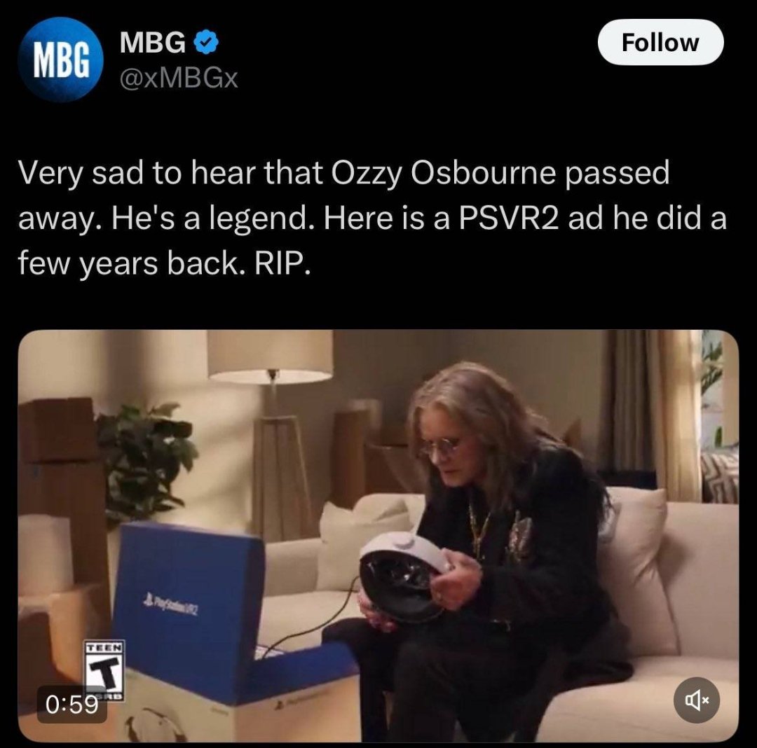 Sir_Bruvian's tweet image. this is very disrespectful,Ozzy wasn't a gamer, you don't find this sad if you did you would not have tried to capitalise on the passing to promote your favourite plastic box,show some decency,why even mention playstation! that should not be the priority here @xMBGx