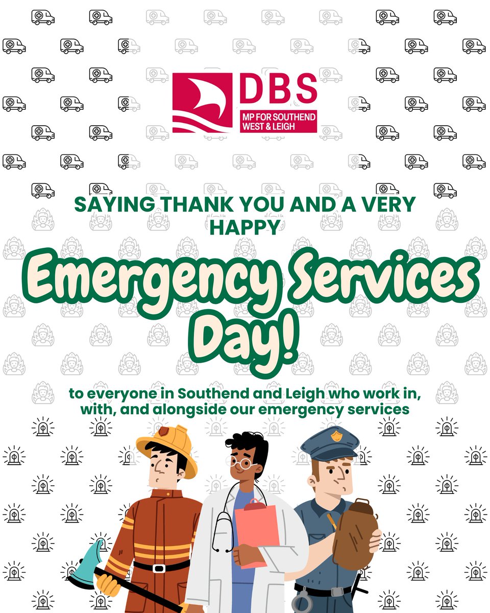 DavidBSampson's tweet image. 🚑🚓🚒 Today is #EmergencyServicesDay in Southend, where we can mark the invaluable service and dedication of all those who work with, in, and alongside our emergency services.
You can visit a wide number of the teams keeping us safe at Jubilee Beach today 11am-1:30pm 🚒🚓🚑