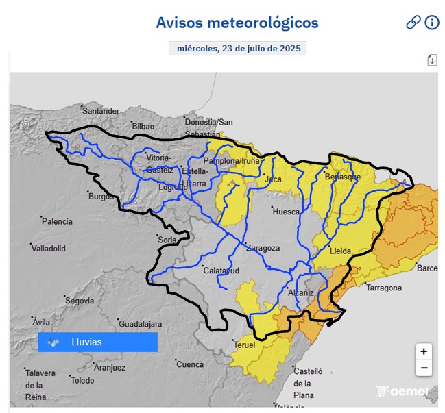 CH del Ebro (@ch_ebro) on Twitter photo Ante avisos 🟠🟡 <a href="/AEMET_Esp/">AEMET</a> por lluvias intensas, se pueden producir crecidas en barrancos y cauces menores de Aragón, Cataluña y Castellón. Hoy 23/07 <a href="/112Aragon/">112 Aragón</a> <a href="/emergenciescat/">Protecció civil</a> <a href="/DelGobEnAragon/">Delegación del Gobierno en Aragón</a> <a href="/aigua_cat/">ACA</a> <a href="/SubGobLleida/">Subdelegació del Govern a Lleida</a>
chebro.es/web/guest/-/an… Ante avisos 🟠🟡 <a href="/AEMET_Esp/">AEMET</a> por lluvias intensas, se pueden producir crecidas en barrancos y cauces menores de Aragón, Cataluña y Castellón. Hoy 23/07 <a href="/112Aragon/">112 Aragón</a> <a href="/emergenciescat/">Protecció civil</a> <a href="/DelGobEnAragon/">Delegación del Gobierno en Aragón</a> <a href="/aigua_cat/">ACA</a> <a href="/SubGobLleida/">Subdelegació del Govern a Lleida</a>
chebro.es/web/guest/-/an…