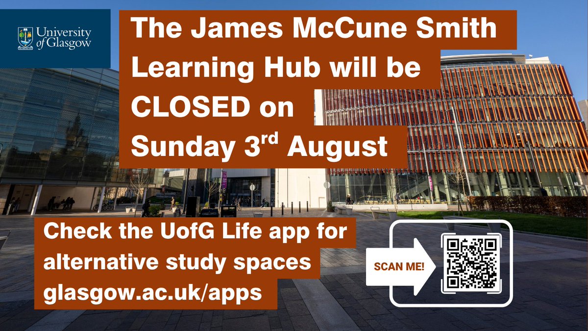 uofglibrary's tweet photo. The James McCune Smith Learning Hub will be closed for essential maintenance on Sunday 3rd August. 
 
We apologise for this inconvenience 💘

Check the UofG Life app for other study spaces: https://t.co/nAcJGDa0Ts. https://t.co/X3eTBf6Fm6