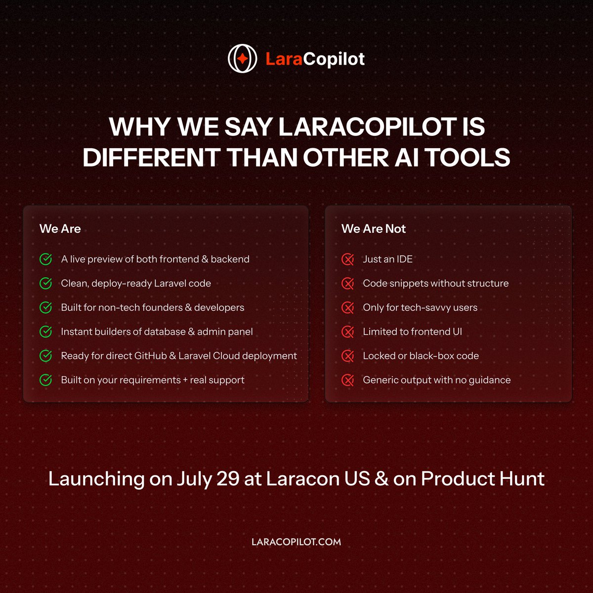 laracopilot's tweet image. You’ve seen AI tools that write code.
LaraCopilot goes further.
It helps you build the full Laravel app: frontend, backend, database, admin panel, and deploy it too.
If you're building with Laravel, this is the Copilot you have been waiting for.
Launching July 29.
#laravel