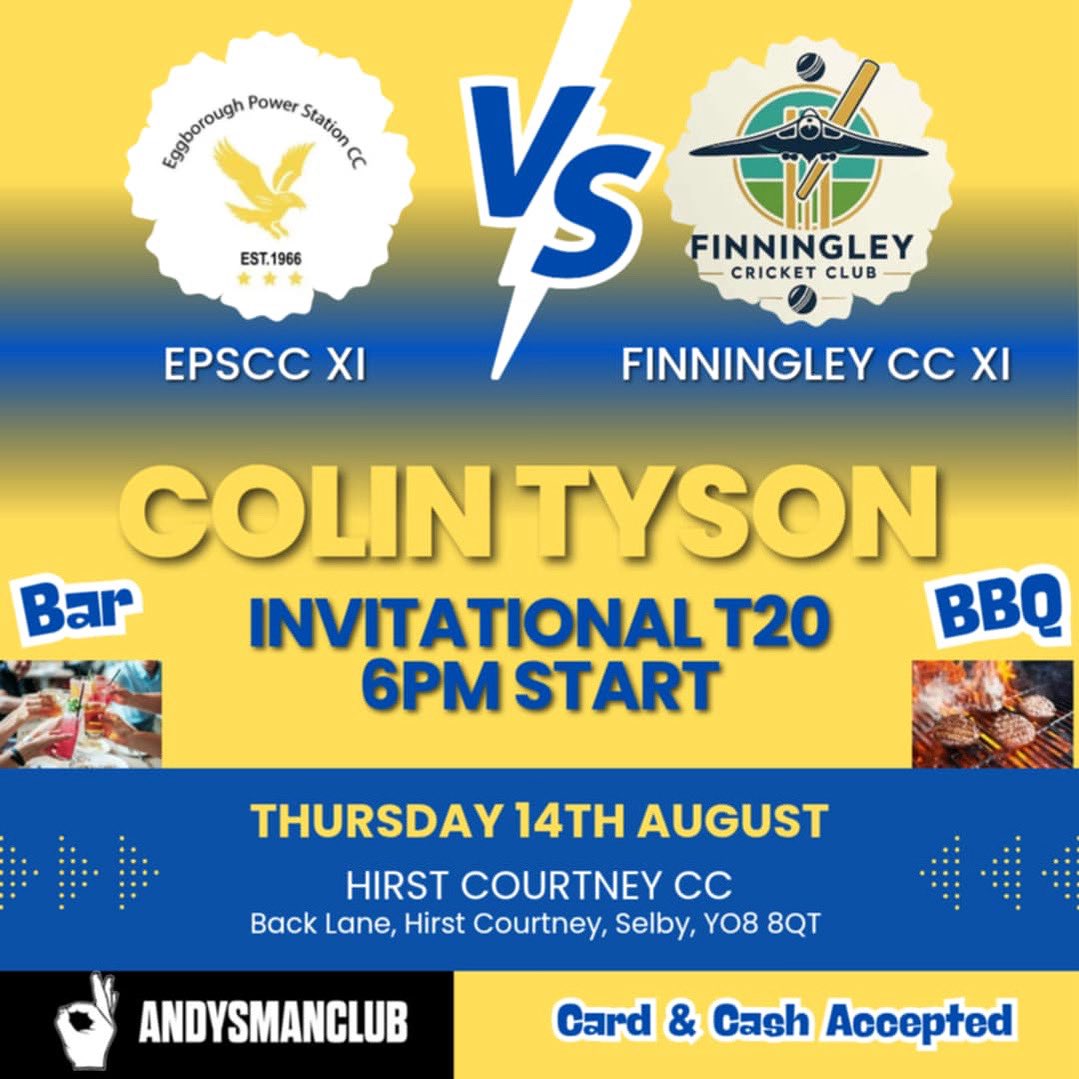 Come and join us for the Colin Tyson T20 invitational against Finningley Cricket Club!

📍 Hirst Courtney CC, YO8 8QT
🗓️ 14th August
🍖 BBQ on &amp; Bar Open!

#UpTheEagles🦅