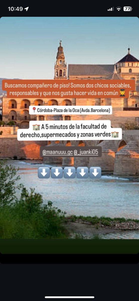 Somos dos estudiantes de derecho que buscan un tercer compañero. Si desea cualquier información del piso escribamos sin problemas !!! #queydondeestudiar25 #uco #cordoba #pisocordoba
