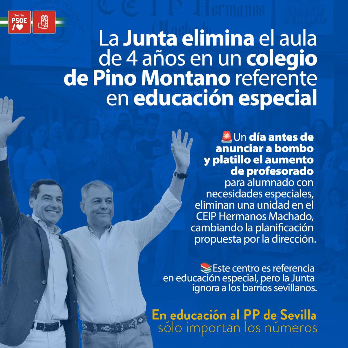 psoedesevilla's tweet image. 📢🏫Moreno Bonilla RECORTA en Educación Especial e IGNORA a los barrios de Sevilla
🚨Un día antes de anunciar a bombo y platillo el aumento de profesorado para alumnado con necesidades especiales, elimina una unidad en el CEIP Hermanos Machado de Pino Montano
📚Un centro que es…