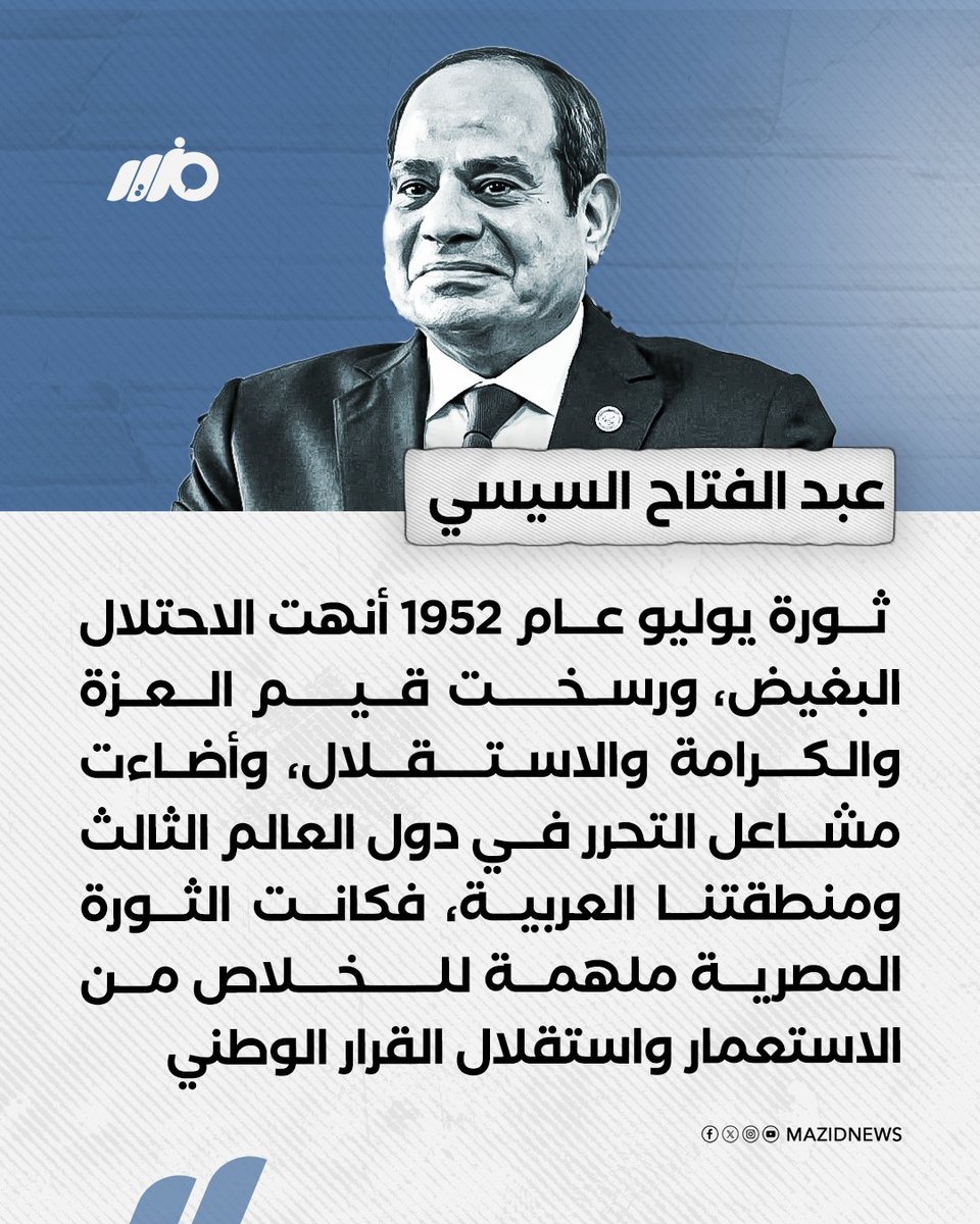 MazidNews's tweet image. السيسي: ثورة يوليو عام 1952 أنهت الاحتلال البغيض، ورسخت قيم العزة والكرامة والاستقلال، وأضاءت مشاعل التحرر في دول العالم الثالث
#مزيد