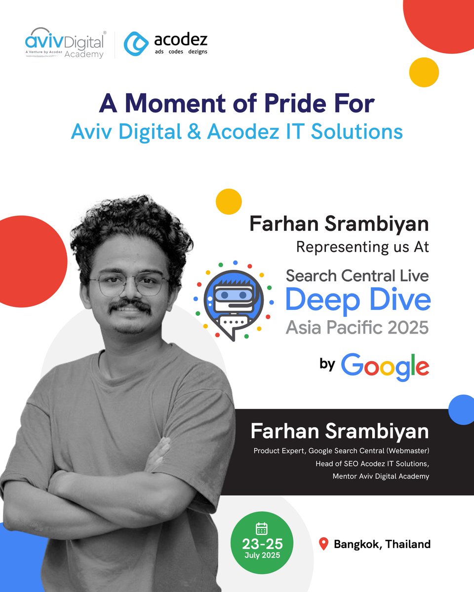 AvivDigital's tweet photo. Proud moment for Aviv Digital Academy &amp; Acodez IT Solutions! 🎉
Farhan Srambiyan, Head of SEO @Acodez &amp; Mentor @avivdigital, is representing us at #SearchCentralLive Deep Dive Asia Pacific 2025 in Bangkok 🇹🇭
From local training to global stage — we’re proud! 🚀
#scldd2025 https://t.co/pgxKa4nCZj