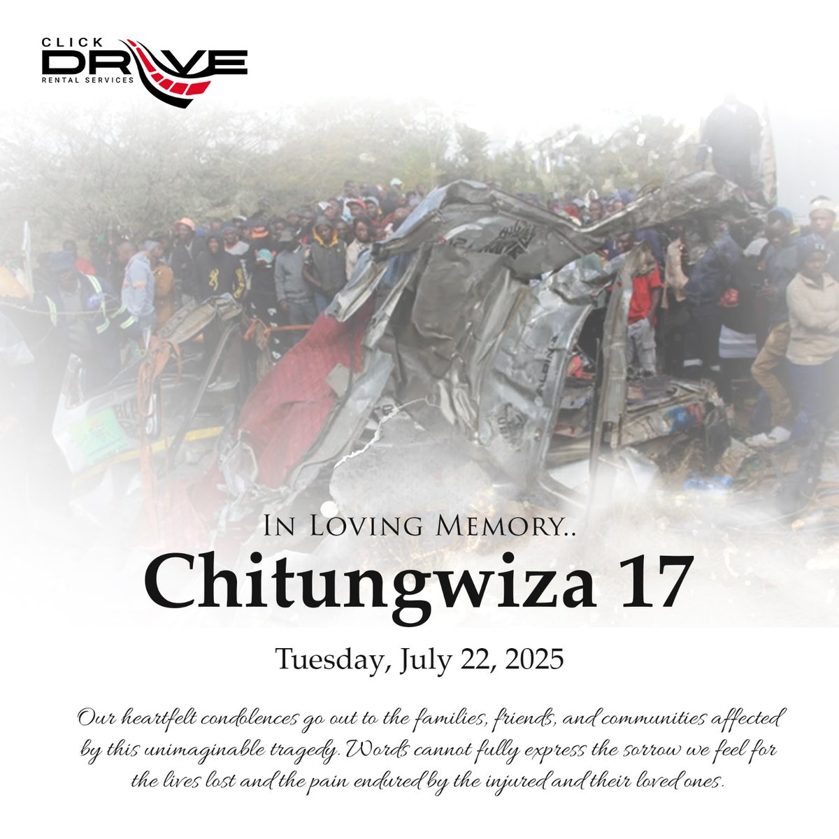ClickdriveZim's tweet image. 🕊️ In Loving Memory 🕊️

We at ClickDrive are deeply saddened by the devastating accident that occurred near Chitungwiza, claiming the lives of 17 individuals, including pedestrians and passengers of a commuter minibus.

Our heartfelt condolences go out to the families, friends,…
