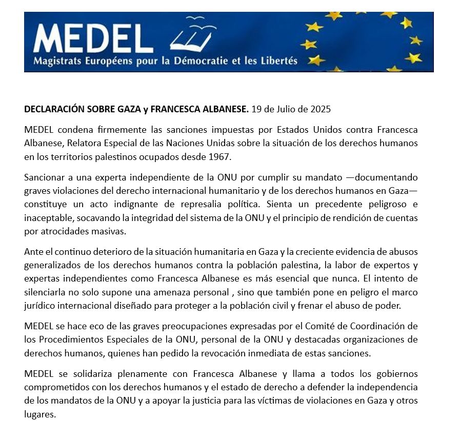 JpDemocracia's tweet image. 🇵🇸  Atención a la denuncia de la asociación europea de jueces @MedelEurope sobre la persecución estadounidense a la relatora de la @ONU_es  @unrwaes.bsky.social para #Gaza, Francesca Albanese

#EnDefensadelosDDHH