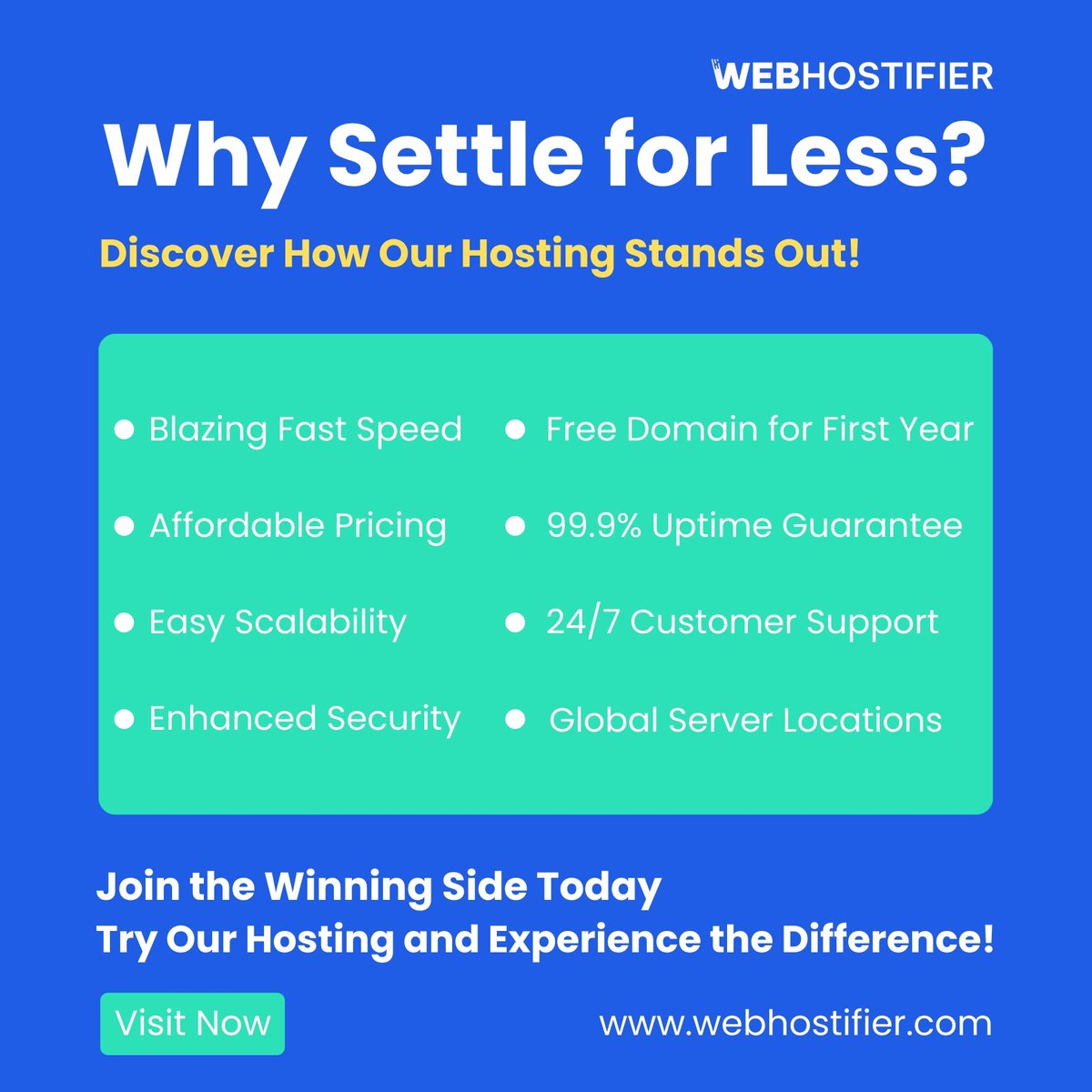 webhostifier's tweet image. Why settle for less when you can have blazing fast, secure hosting? 
Try WebHostifier today! 

Discover the difference with WebHostifier: Fast speeds, 99.9% uptime guarantee, &amp;amp; 24/7 support! 
Don’t wait – #TryWebHostifier today! 
#Hosting #FreeDomain #FastHosting #GlobalServers