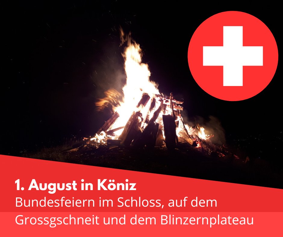 Sie möchten den Nationalfeiertag mit anderen zusammen feiern? In Köniz haben Sie die Qual der Wahl: Feier im Schloss, auf dem Grossgschneit oder dem Blinzernplateau? Die Ortsvereine machen es möglich. Übersicht der Feiern zum 1. August: koeniz.ch/aktuell/news.p…