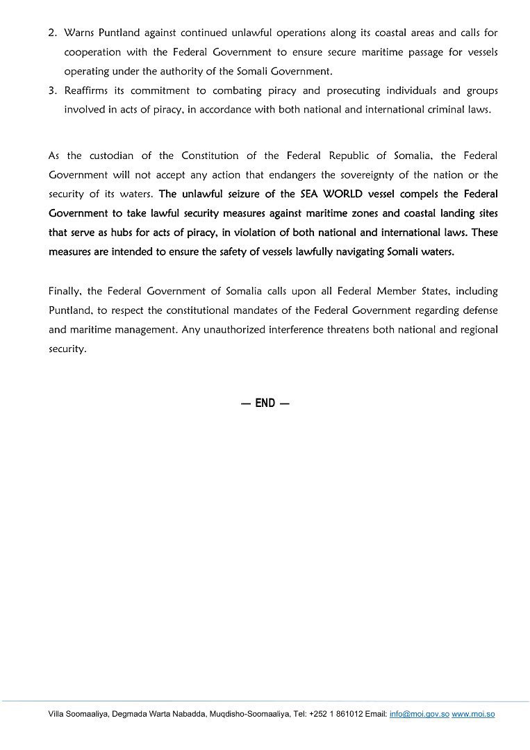 abdi_fahad95386's tweet image. The SFG condemned Puntland's seizure of the Sea World vessel, calling it piracy and demanding its immediate return. They assert that the arms on board were legally intended for a 🇹🇷 - 🇸🇴 training base in Mogadishu and warned of action agnst coastal sites facilitating such piracy