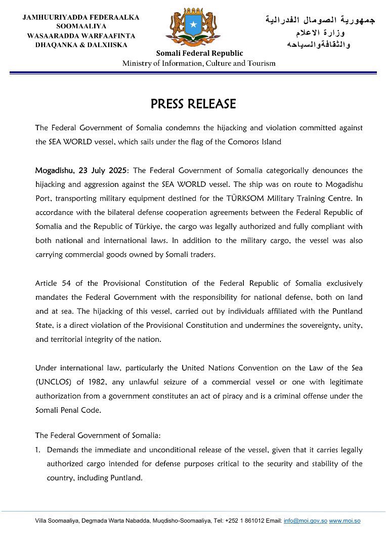 abdi_fahad95386's tweet image. The SFG condemned Puntland's seizure of the Sea World vessel, calling it piracy and demanding its immediate return. They assert that the arms on board were legally intended for a 🇹🇷 - 🇸🇴 training base in Mogadishu and warned of action agnst coastal sites facilitating such piracy