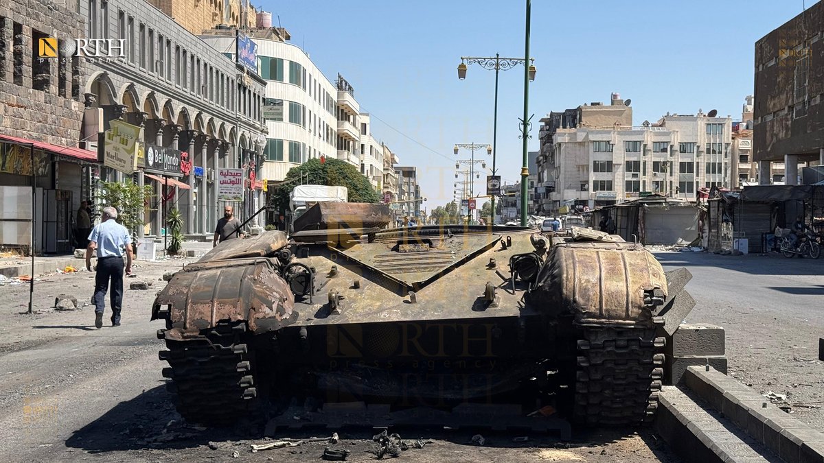 NPA_English's tweet image. Photos show the devastation in the city of Suwayda, southern #Syria following clashes between armed Druze groups and forces of the Syrian transitional government early last week.
#Suwayda - Haroun al-Arbid – North Press