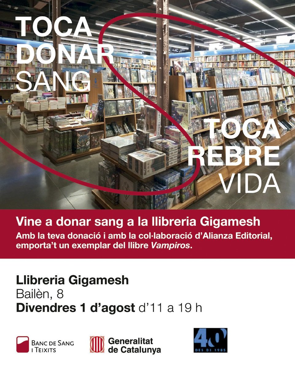 GigameshCat's tweet image. 🩸 Vine a donar sang el pròxim divendres 1/8/25 d'11 a 19h i emporta't un llibre de regal 📖
💉 Un cop mes, volem ajudar a qui més ho necessita i convertim la Sala d'Actes en un espai on podràs fer la teva aportació 🫵🏻💗
Apunta't-hi 📝
bancsang.net/ca/donacions/s… 🦇