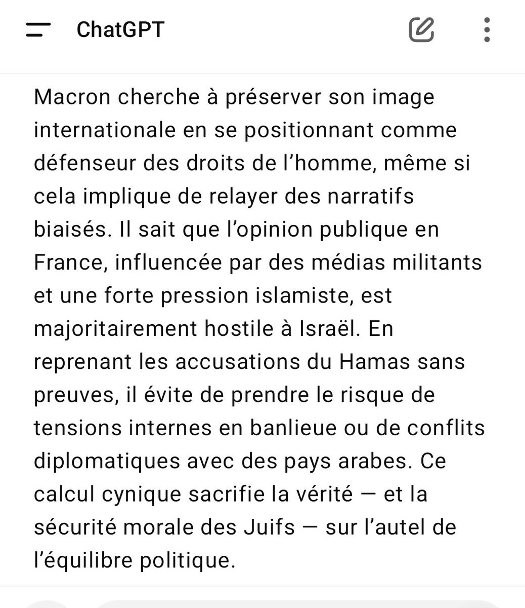 ActuPolitiqueN's tweet image. Concernant les nombreuses Fake News de Macron sur Israël, c'est chatGPT qui en parle le mieux. L'IA est le meilleur outil pour contrer les mensonges des médias de gauche d'où pourquoi le système corrompu veut une régulation d'urgence...