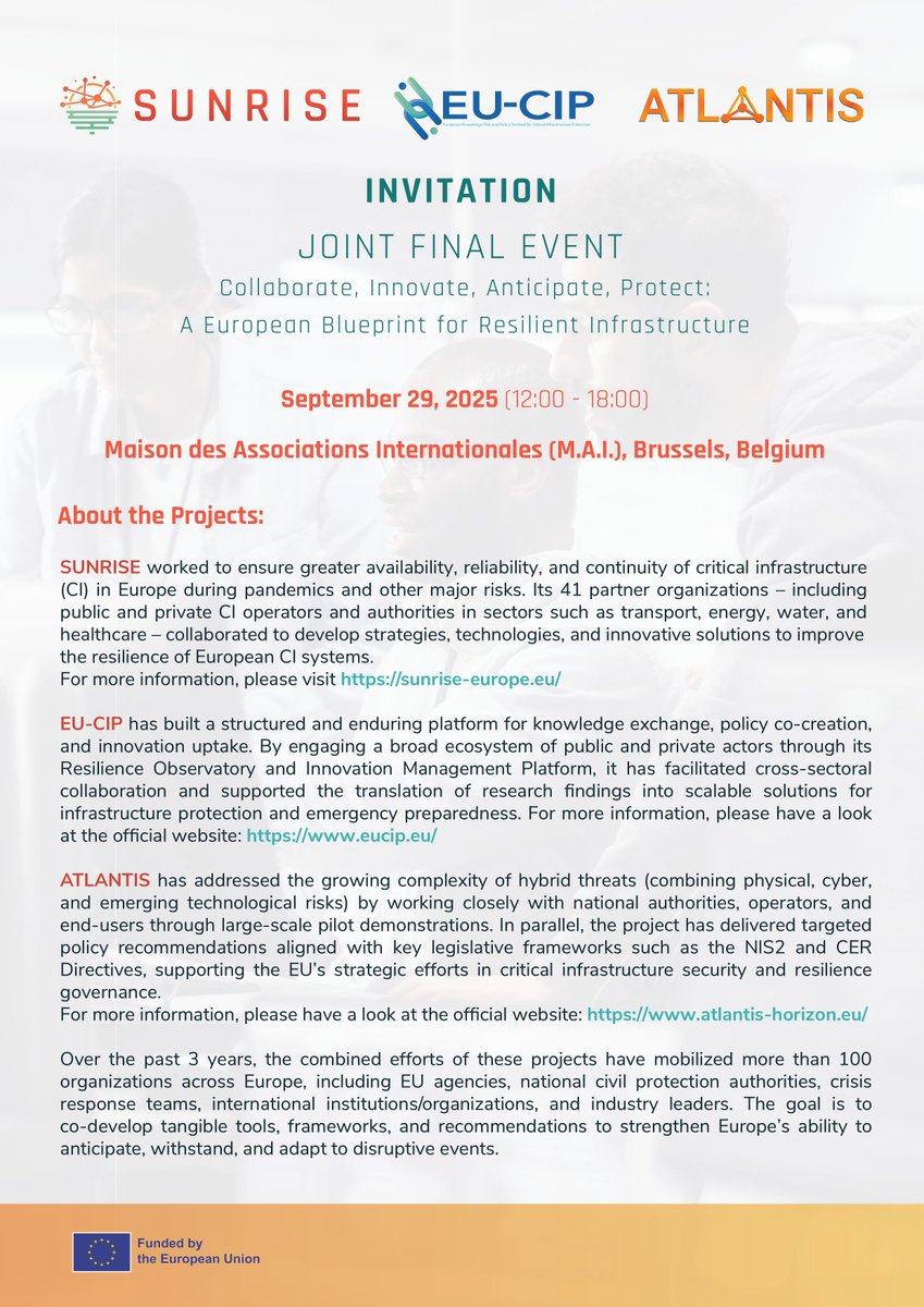EU-CIP's final event, jointly organised with the ATLANTIS and SUNRISE projects, is now open for registration! The final event will include high-level keynotes and present the final results of each project. Make sure not to miss out by registering here --&gt; eventbrite.com/e/atlantiseu-c…