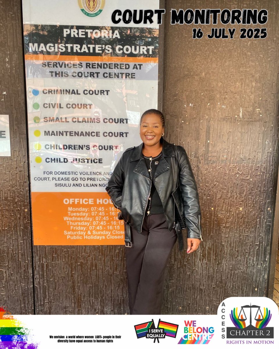 Access Chapter 2 monitored the court session on 16 July 2025 at the Pretoria Magistrate Court in the case of a queer woman raped as a minor. A witness took the stand. We continue to push for justice.
#AccessChapter2 #CourtMonitoring #JusticeForSurvivors #EndGBVF