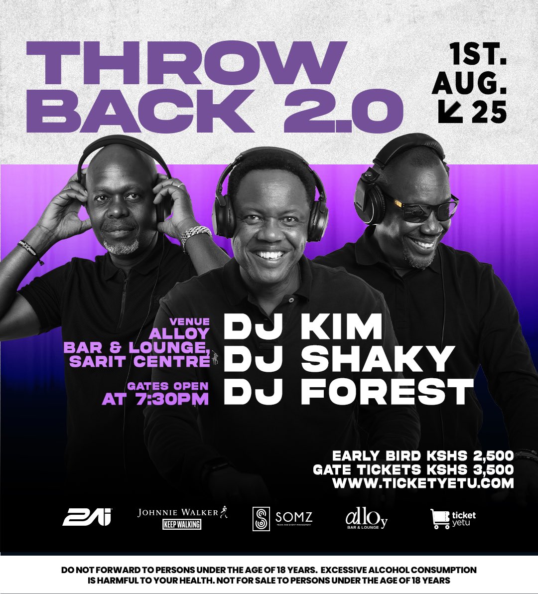 Throwback 2.0 is going down Thursday, 1st August at Alloy Bar &amp; Lounge, Sarit Centre.

DJ Kim, DJ Shaky, and DJ Forest are ready to turn back the clock and light up your night.

Get your early bird tickets now at ticketyetu.com