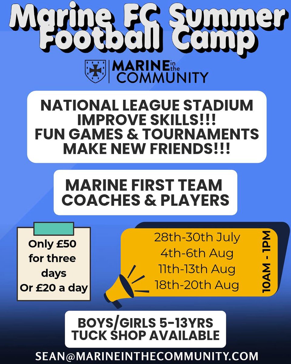 MarineAFC's tweet image. *Marine FC Summer Football Camp*
FEW DAYS TO GO
- Embrace 4 weeks of football at one of Merseyside's finest stadiums.
- Learn and grow with Marine first team coaches and players.
- Sharpen your skills and unleash your potential.
- Engage in fun games and thrilling tournaments.
-…