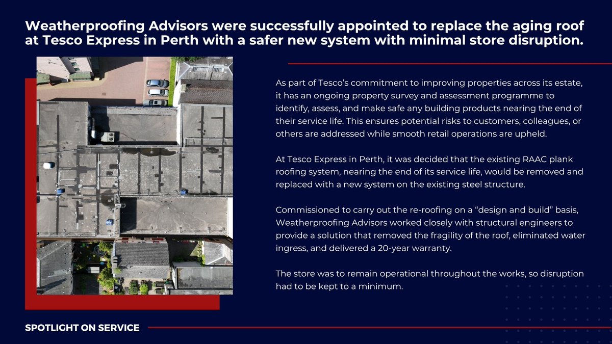 WPAltd's tweet photo. Spotlight On Service: Tesco Express, Perth 🏪✨

We’re proud to showcase our latest project at Tesco Express in Perth, where Weatherproofing Advisors replaced the aging RAAC plank roofing system with a new, safer solution.

#SpotlightOnService #TescoPerth #Roofing https://t.co/clHLrTnAlH