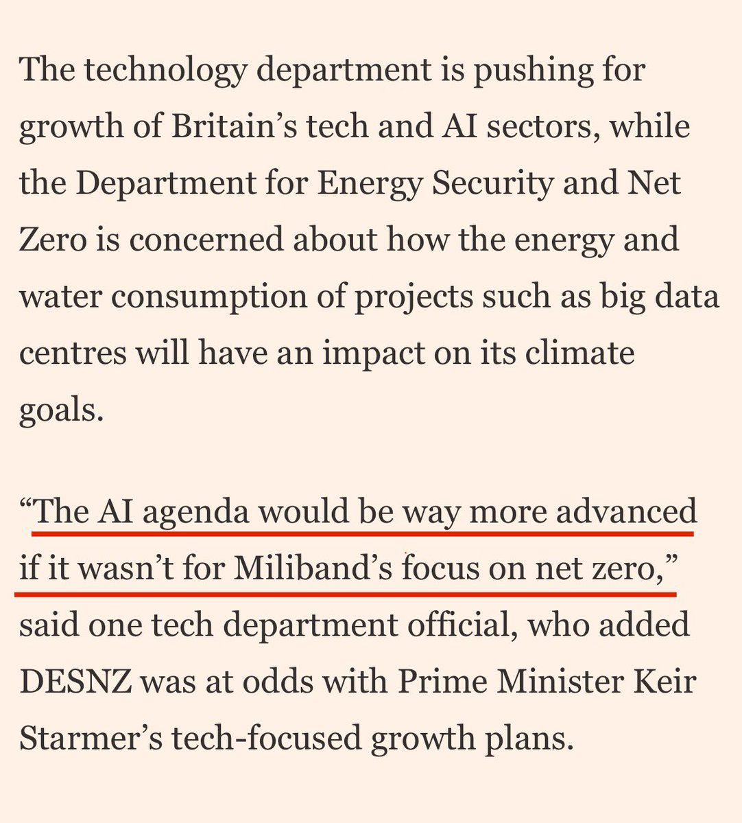 ClaireCoutinho's tweet image. This is insane.
An official said “The AI agenda would be way more advanced if it wasn’t for Miliband’s focus on net zero.”
We cannot block one of our most important growth sectors in the name of Net Zero.
Energy policy must fit what the country needs, not the other way around.