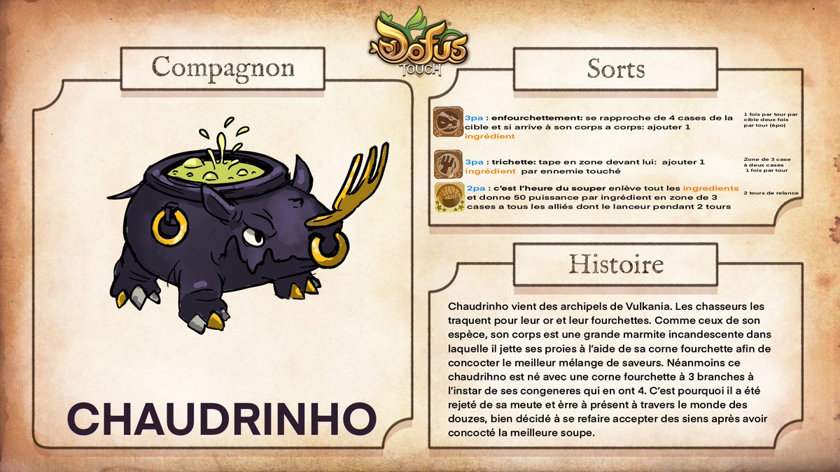 DofusTouch's tweet image. 🥁 Quel duo remporte le Prix Stratège du concours de création de compagnon ?
Avec une mécanique savoureuse autour de la cuisine, c’est Chaudrinho, imaginé par Alfredo-delanoche et Broccoli, qui décroche la victoire ! 🍲
Sans être trop complexe, leur système de sorts est à la…