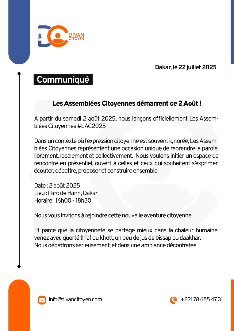 Bonjour,

Les Assemblées Citoyennes arrivent. 

Rendez-vous le 2 août 2025 ! 
#LAC2025