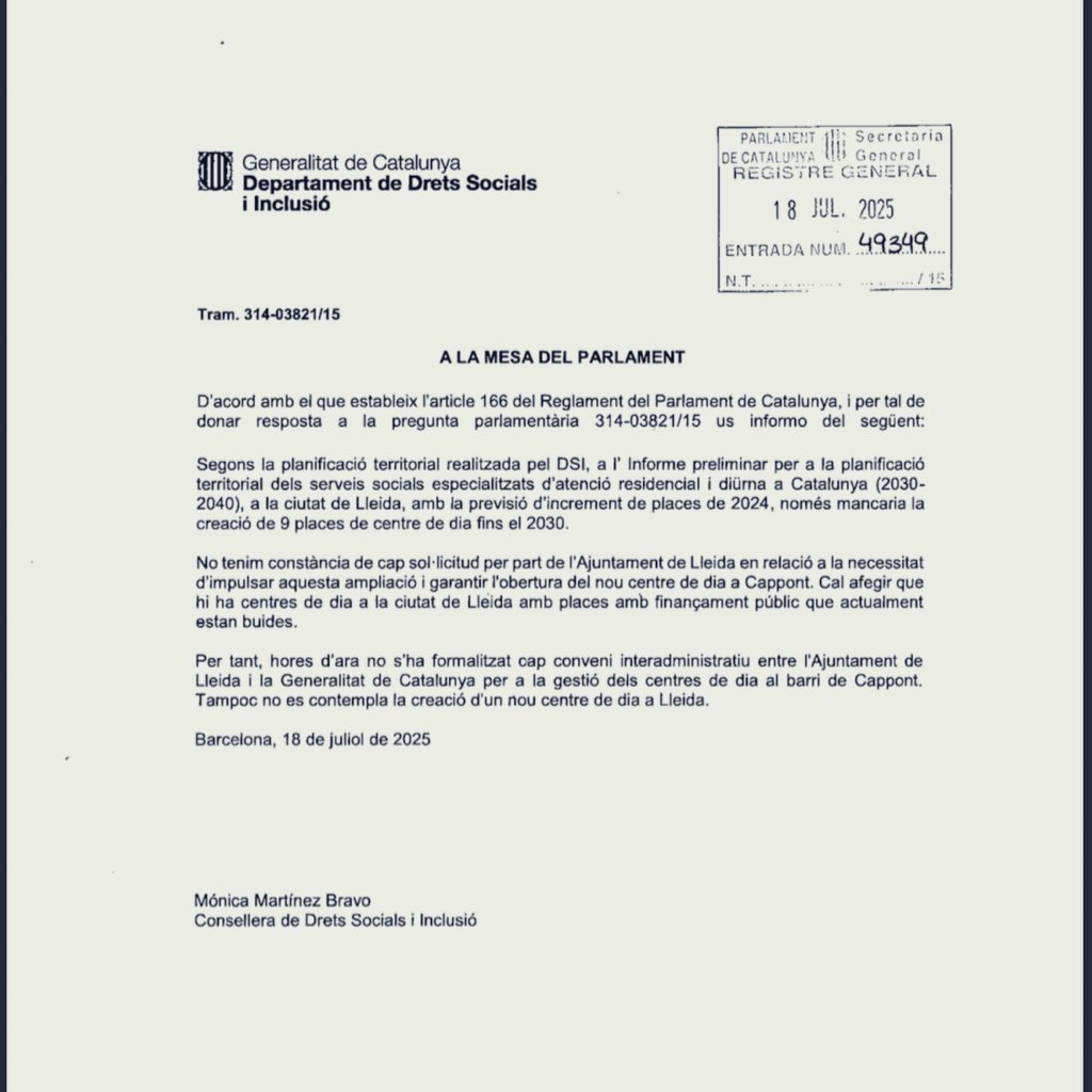casanovas_sh's tweet photo. L’alcalde @flarrosa 𝐦𝐞𝐧𝐭𝐞𝐢𝐱.
🧓 No hi ha cap nou centre de dia previst a Cappont.
📄 L’Ajuntament 𝐧𝐨 𝐡𝐚 𝐟𝐞𝐭 𝐜𝐚𝐩 𝐬𝐨𝐥·𝐥𝐢𝐜𝐢𝐭𝐮𝐝.
🤝 𝐍𝐨 𝐡𝐢 𝐡𝐚 𝐜𝐨𝐧𝐯𝐞𝐧𝐢 amb la Generalitat.
👉 Una altra promesa buida. La gent gran de #Lleida mereix més respecte. https://t.co/otmYrpNXD1