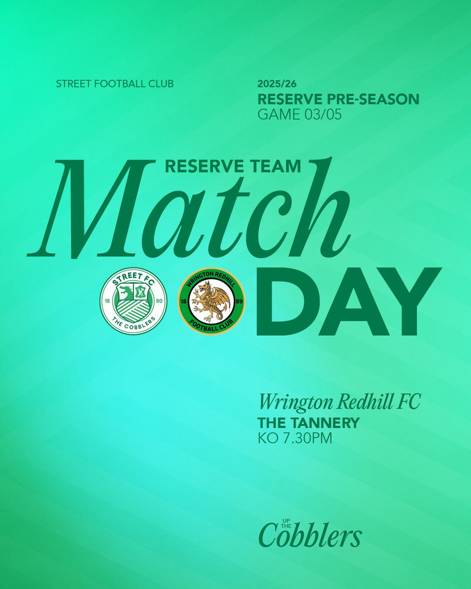 Street FC (@fcstreet) on Twitter photo Matchday!
Our Reserves continue their pre season tonight, welcoming <a href="/WringtonFC/">Wrington Redhill FC</a>
Up the Cobblers ππ€ Matchday!
Our Reserves continue their pre season tonight, welcoming <a href="/WringtonFC/">Wrington Redhill FC</a>
Up the Cobblers ππ€