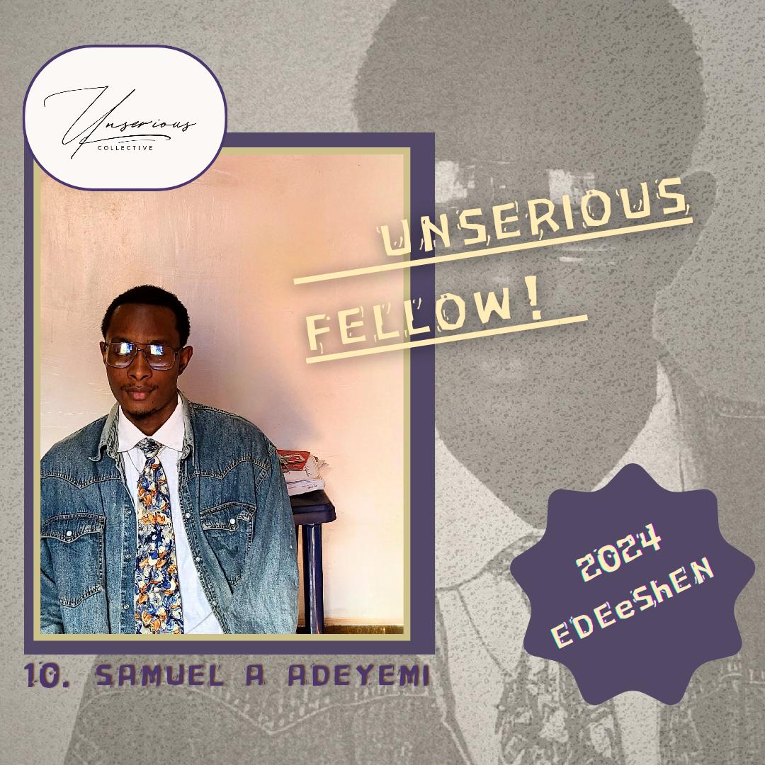 Unserious Collective (@unseriousco) on Twitter photo <a href="/samuelpoetry/">Samuel A. Adeyemi</a>'s poetry is a blessing to anyone who comes across it. We have. Have you? No? Fix that.
Samuel A. Adeyemi is a writer and editor from Nigeria.🧵 <a href="/samuelpoetry/">Samuel A. Adeyemi</a>'s poetry is a blessing to anyone who comes across it. We have. Have you? No? Fix that.
Samuel A. Adeyemi is a writer and editor from Nigeria.🧵