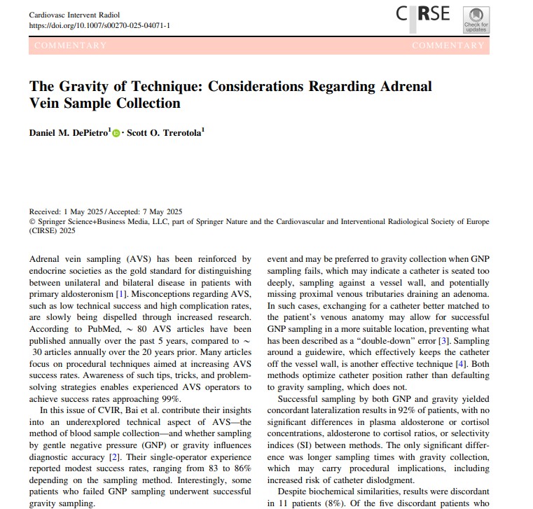CVIR_Journal's tweet image. The Gravity of Technique: Considerations Regarding Adrenal Vein Sample Collection
link.springer.com/article/10.100…