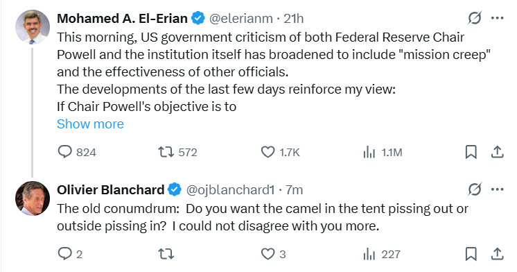 k_sonin's tweet image. I cannot agree more with @ojblanchard1. FRS Chair Powell sticking to his post until his term is over is protecting an institution. (The "Central Bank independence" is the institution in question.) @elerianm cannot be more wrong in his last claim - that any new chair from the…